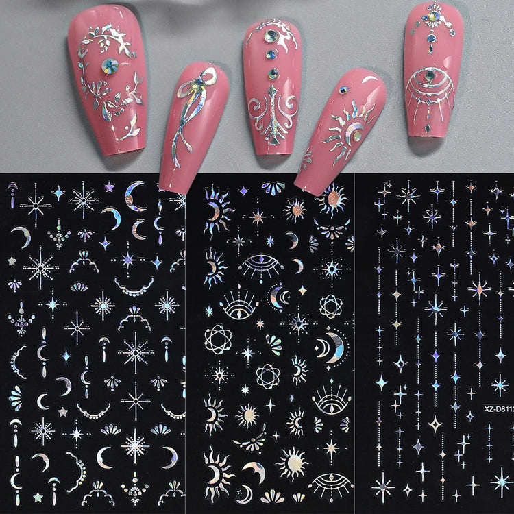 12Pcs 3D Laser Silver Star Ribbon Nail Stickers Y2K Stars Moon Sun Self-Adhesive Slider Exquisite Flower Leaf DIY Manicure Decal