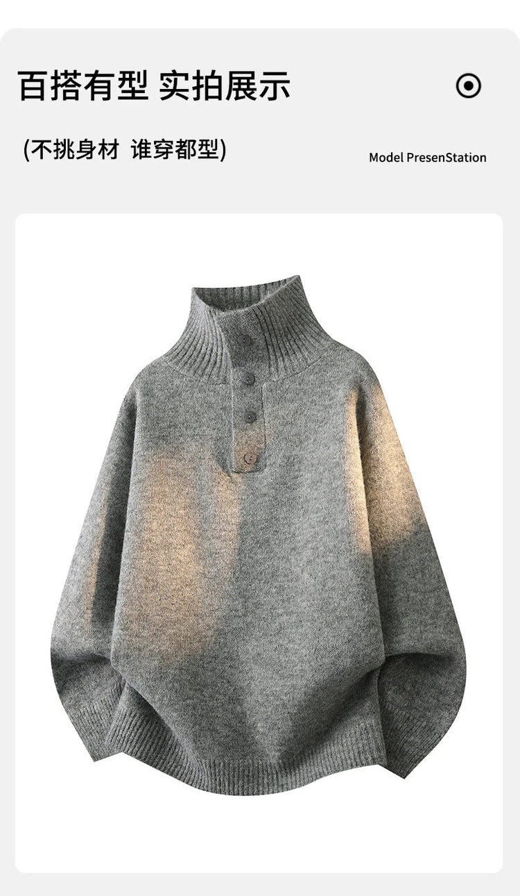 Turtleneck Long Sleeves Zipper lapel Pullover Sweater Men Spring Autumn Solid color Sweater Jumper Streetwear