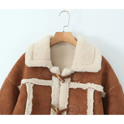  YENKYE Retro Horn Button Faux Suede Lambswool Jacket Coat For Women Lapel Collar Long Sleeve Autumn Winter Warm Outerwear
