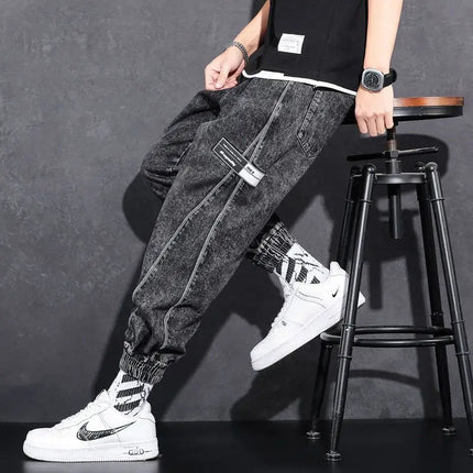Loose Elastic Waist Denim Jeans for Men 2024 Fashion Casual Spring Workwear Foot-Tied Pants with Brand Workwear Baggy Trousers PlatiNum