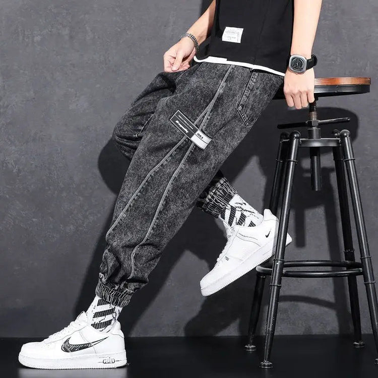 Loose Elastic Waist Denim Jeans for Men 2024 Fashion Casual Spring Workwear Foot-Tied Pants with Brand Workwear Baggy Trousers PlatiNum