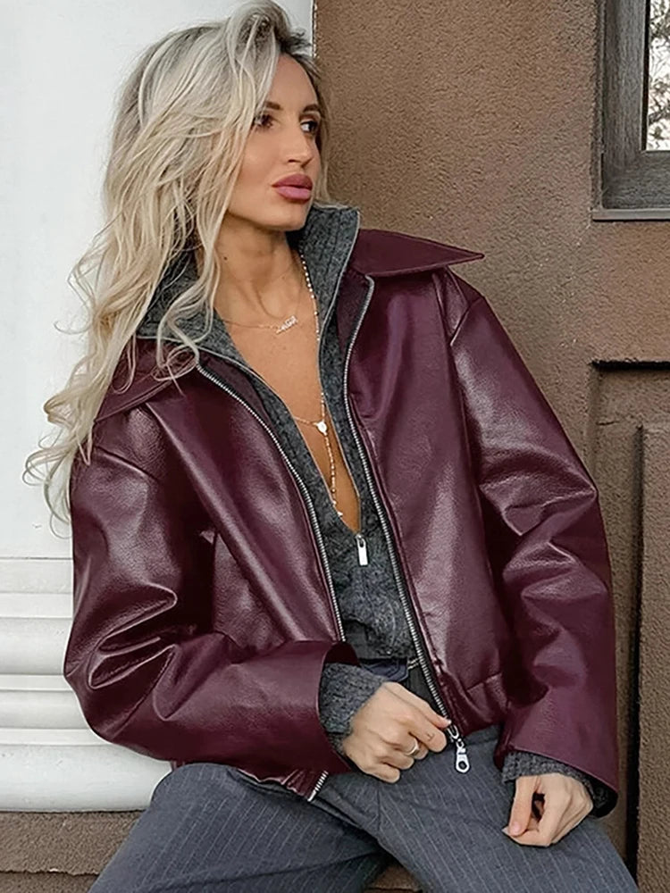 2025 New Fashion PU Leater Loose Jacket Women Autumn Lapel Zipper Long Sleeve Outerwears Streetwear Burgundy Female Bomber Coats
