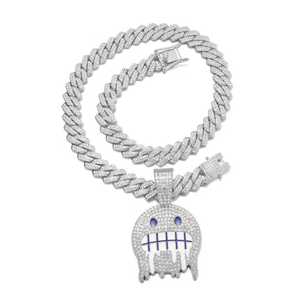 Men White Blue Cubic Zirconia Paved Hip Hop Round Face Pendants Necklaces with Cuban Chain Iced Out Bling CZ Fashion Boy Jewelry PlatiNum