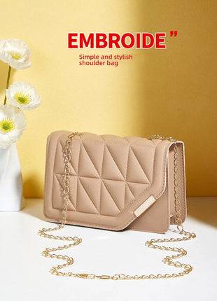 Trendy Embroidered Square Bag  - Diamond Pattern Shoulder Purse with Chain Strap & Magnetic Closure PlatiNum