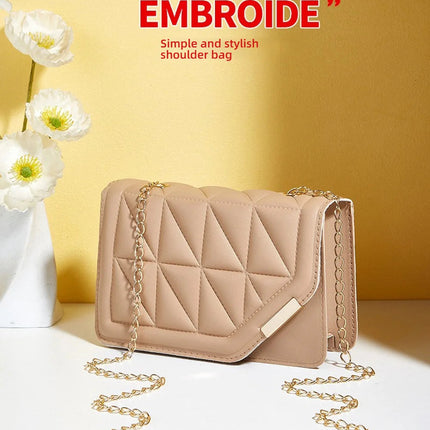 Trendy Embroidered Square Bag  - Diamond Pattern Shoulder Purse with Chain Strap & Magnetic Closure PlatiNum