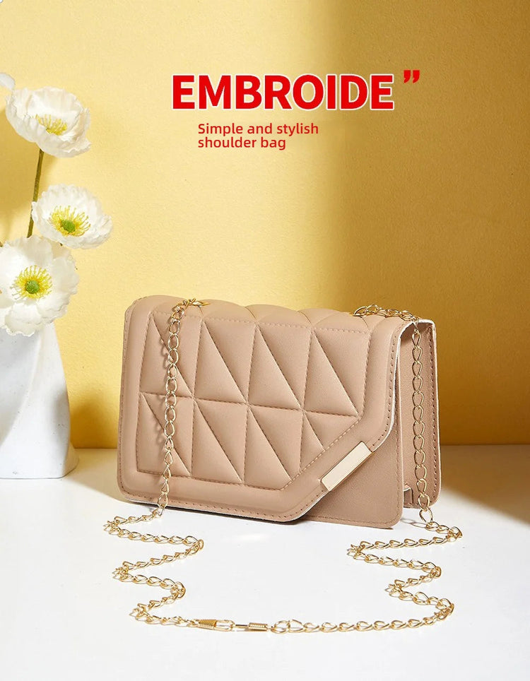 Trendy Embroidered Square Bag  - Diamond Pattern Shoulder Purse with Chain Strap & Magnetic Closure PlatiNum