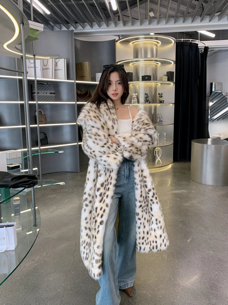 ZADORIN High Quality Elegant Loose Long Faux Fur Coat Winter Women Leopard Print Lapel Faux Mink Fur Jacket Thick Warm Fur Coats