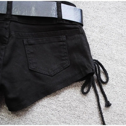 Korean Low Rise Denim Shorts 2024 - Riveted Lace Up Bodycon Black Hot Pants Vintage Cheeky Booty Summer TikTok Y2K Outfit PlatiNum