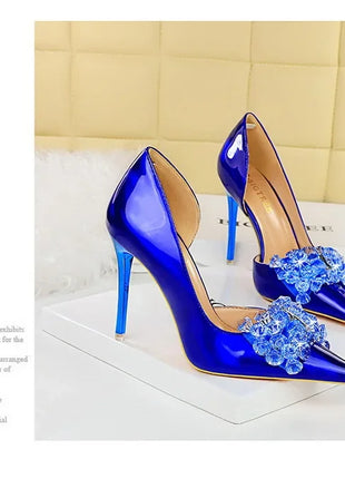 BIGTREE Scarpe con fiocco in strass Décolleté da donna Scarpe da banchetto di lusso Tacchi alti sexy Scarpe da festa con tacco a spillo da donna di grandi dimensioni 41 42 43