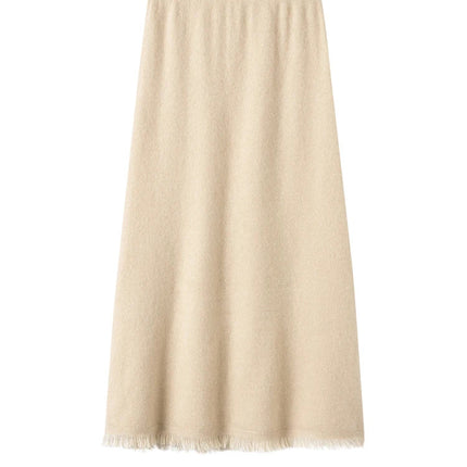 Women Cashmere A-Line Tassel Skirt High Waist Office Lady Retro Autumn Winter 100% Cashmere Knitwear Graceful Regular Fit Dress PlatiNum