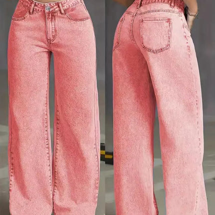 Jeans a gamba dritta a vita alta lavati blu da donna americana Jeans larghi con tasche frontali e posteriori adatti per l'abbigliamento casual quotidiano