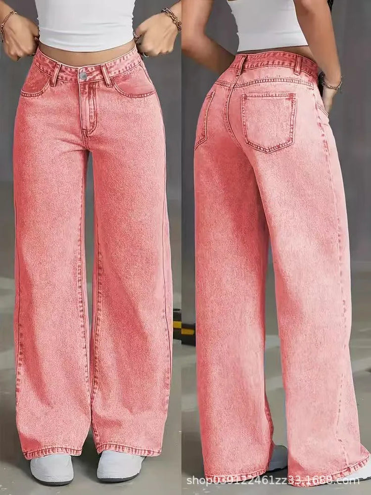 Jeans a gamba dritta a vita alta lavati blu da donna americana Jeans larghi con tasche frontali e posteriori adatti per l'abbigliamento casual quotidiano