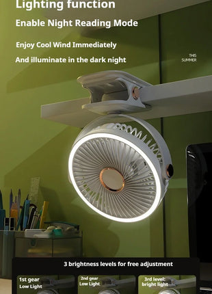 Ventilatore Portatile con Clip e Luci LED, 3 Velocità Regolabili, Silenzioso, da Scrivania, per Casa, Camera da Letto e Campeggio