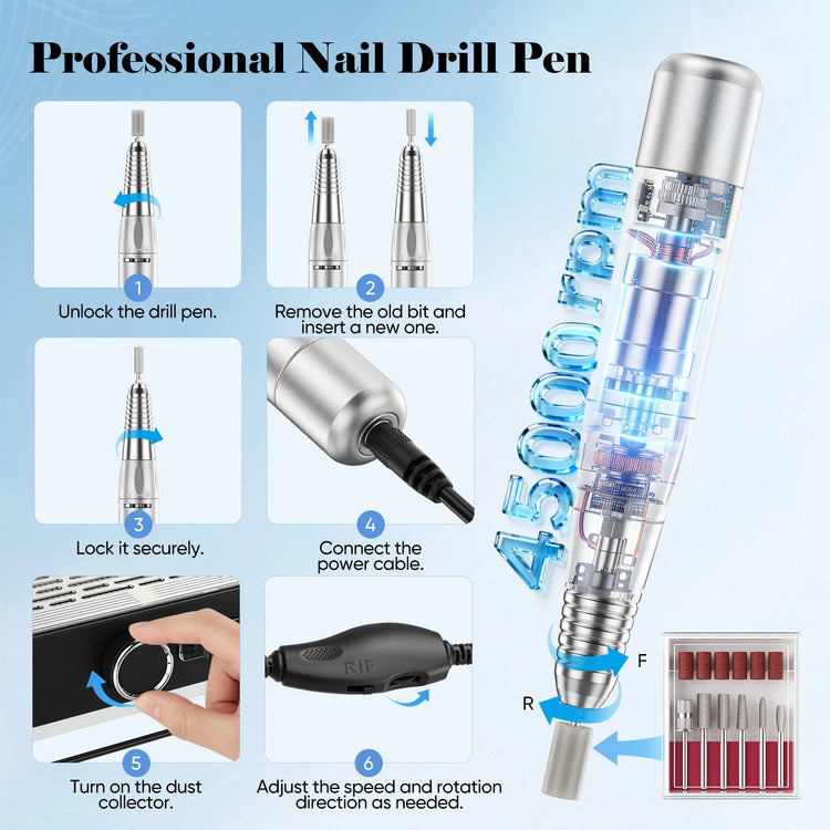 4‑in‑1 Electric Nail Drill Machine 45000RPM with 80W Nail Dust Collector 6W LED Nail Lamp Rechargeable Nail File Manicure Tool for Home Salon