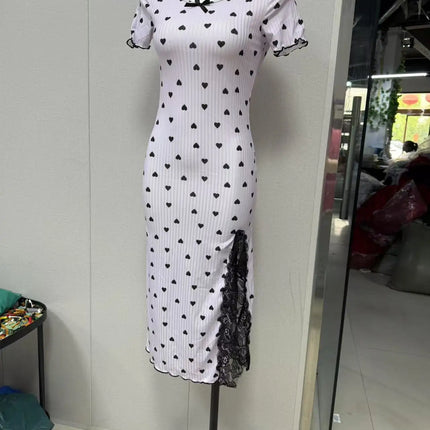 Camicia da notte sexy in maglia a costine per donna Abito da notte midi aderente con stampa a cuore con pigiama a maniche corte con spacco alto in pizzo Nuovo caldo