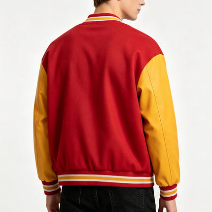 Mens M Letter Varsity Jacket Vintage Faux Leather Sleeve Baseball Letterman Coat Red & Yellow Streetwear for Casual Wear