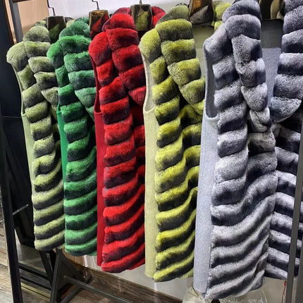 Women's Real Natural Rex Rabbit Fur long vest Chinchilla Color Waistcoat Furry Winter Warm Fluffy Vest Korean Length 90cm 240519