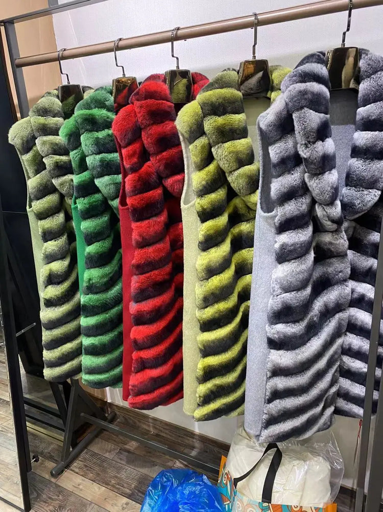 Women's Real Natural Rex Rabbit Fur long vest Chinchilla Color Waistcoat Furry Winter Warm Fluffy Vest Korean Length 90cm 240519