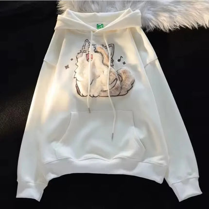 Japanese Kawaii Flock Embroidery Cartoon Cat Patchwork Hoodies Thicken Kangaroo Pocket Baggy Street Sweatshirt All-Matching Top