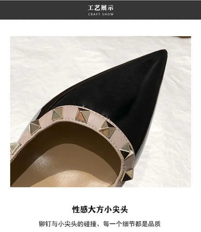 Women's High Heels Black Genuine Leather Rivet Pointed toe pumps luxury designer high quality Shoes Elegant woman heeled shoes