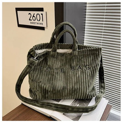 Simple Letter Soft Corduroy Shoulder Bags for Women Versatile Large Capacity Ladies Crossbody Bag Portable Female Handbags Tote PlatiNum