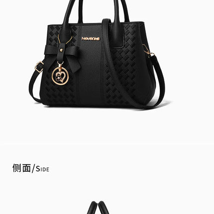 Bow Metal Pendant Top Handle Satchel Crossbody Bag, PU Leather Textured Bag Purse, Classic Versatile Fashion Shoulder Bag PlatiNum