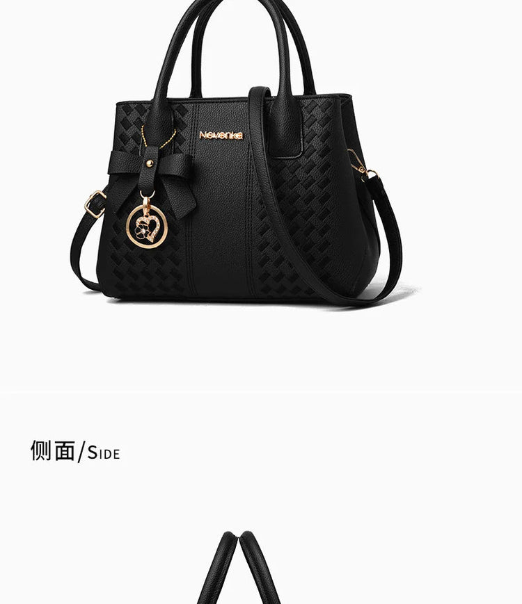Bow Metal Pendant Top Handle Satchel Crossbody Bag, PU Leather Textured Bag Purse, Classic Versatile Fashion Shoulder Bag PlatiNum
