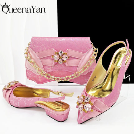 Queena Yan Elegante set di borse con strass a punta blu e tacco basso per calzature e accessori per feste di matrimonio di lusso da donna