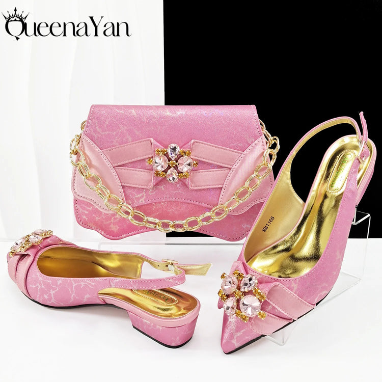 Queena Yan Elegante set di borse con strass a punta blu e tacco basso per calzature e accessori per feste di matrimonio di lusso da donna