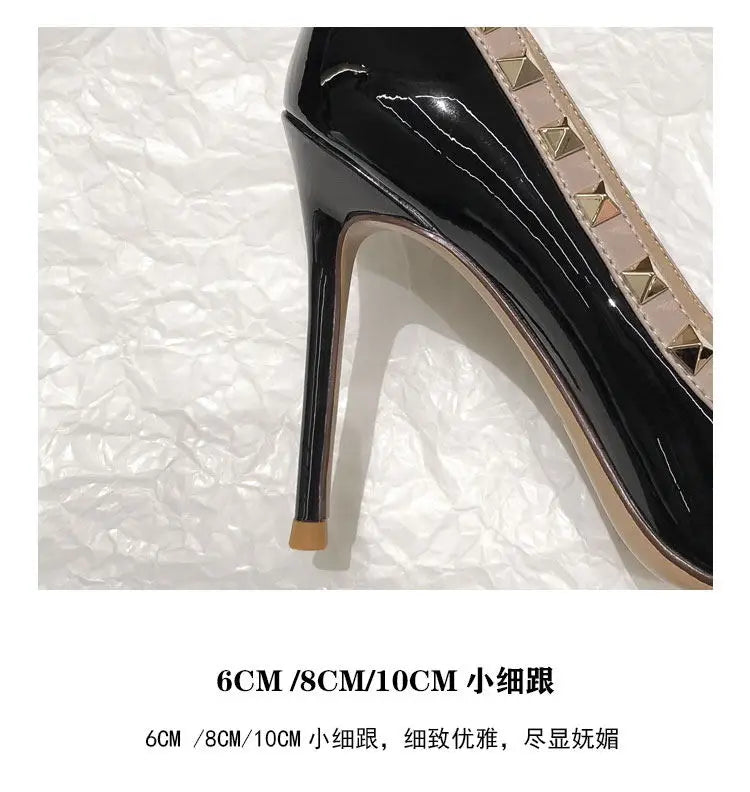 Women's High Heels Black Genuine Leather Rivet Pointed toe pumps luxury designer high quality Shoes Elegant woman heeled shoes