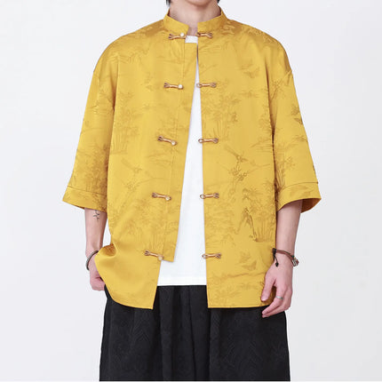 Camicie Estive da Uomo di Lusso in Jacquard Traspirante a Maniche Corte, Stile Cinese Tradizionale Kung Fu Tai Chi, Camicia Casual da Uomo
