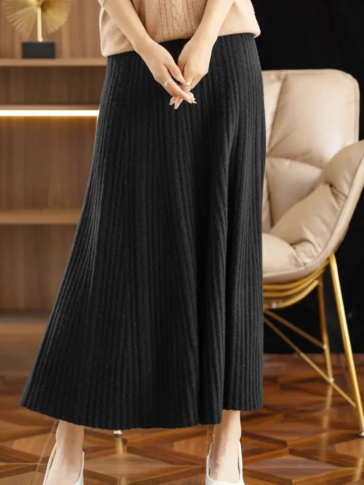 Elegant Women's Pleated Skirt 100% Merino Wool Skirt A-Line Long Skirt Soft Warm Autumn Winter Dress Slim Elastic Waist Office PlatiNum