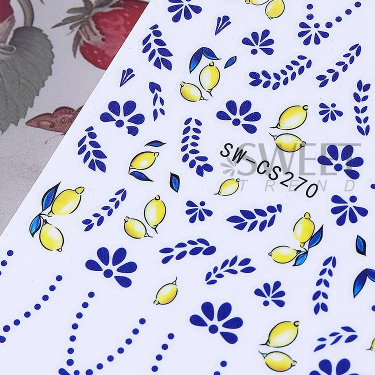 3/5pcs 3D Blue Fruit Bohemian Nail Sticker Cartoon Lemon Orange French Floral Petals Lines Leaves DIY Summer Manicure Decoration