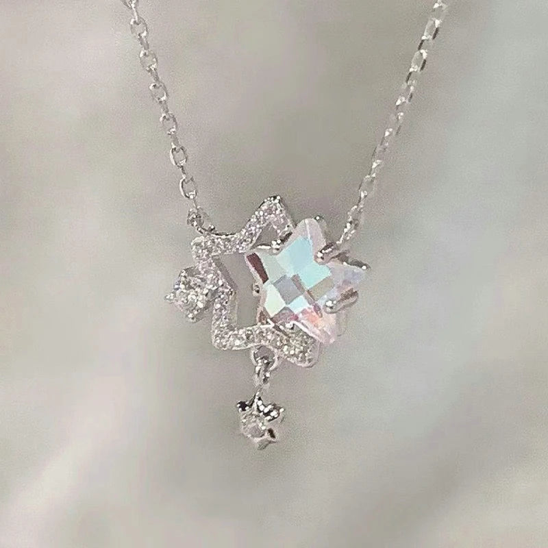 Elegante collana con ciondolo in cristallo rotondo rosa dal Design semplice collana con gioielli a catena con clavicola a stella per ragazze di moda coreana