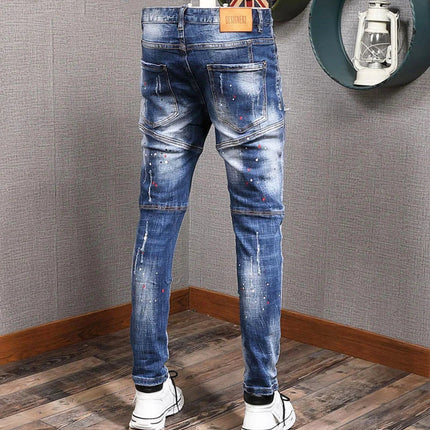 Fashion Streetwear Men Jeans Retro Black Blue Elastic Slim Fit Ripped Jeans Men Spliced Designer Embroidery Hip Hop Denim Pants PlatiNum