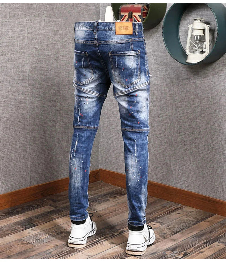 Fashion Streetwear Men Jeans Retro Black Blue Elastic Slim Fit Ripped Jeans Men Spliced Designer Embroidery Hip Hop Denim Pants PlatiNum