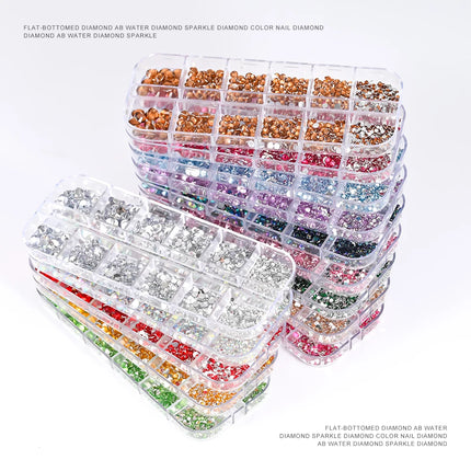 1.5mm-5mm Champagne Glass Crystal Nail Art Gems 12grids Flatback SS4-SS16 Mixed Nail Art Rhinestone Non-Hotfix Diamond Nail Deco