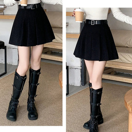 Vintage Winter Pleated Mini Skirt Women Streetwear High Waist Woolen Cute Skater Skirts With Shorts Belt Grey Black Skirt Woman PlatiNum