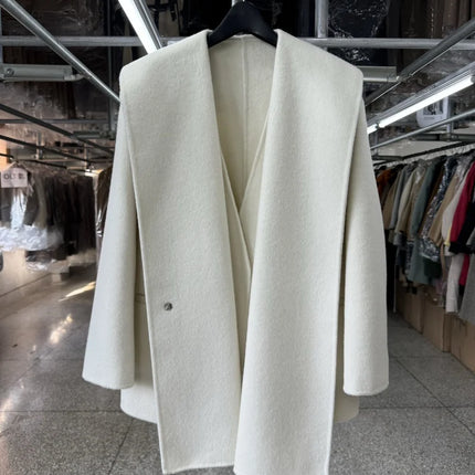 Scarf Collar 100%Wool Coat Women, Korean Fashion Elegant Outerwear, Loose Autumn Winter Jacket