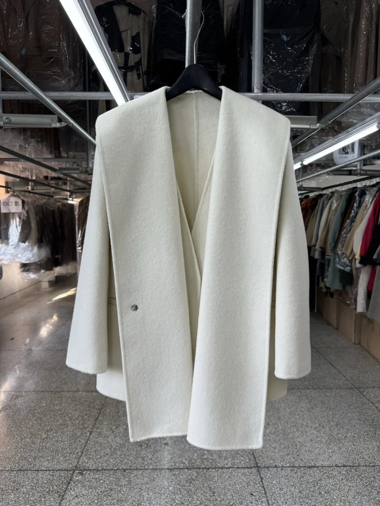 Scarf Collar 100%Wool Coat Women, Korean Fashion Elegant Outerwear, Loose Autumn Winter Jacket