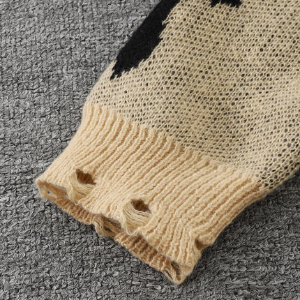 Trendy Street Style Ripped Cross Pattern Pullover Ripped Sweater Casual Crew Neck Knit Men's Pullover