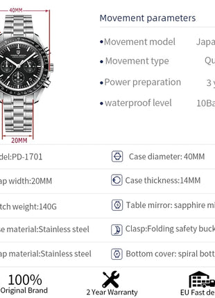 Nuovo Orologio da Uomo PAGANI DESIGN Moon 2026, Orologio al Quarzo di Lusso Dorato per Uomo, Cronografo Sportivo Impermeabile Luminoso con Vetro Zaffiro AR, Lunetta in Ceramica, Acciaio Inossidabile, Regalo per Uomo