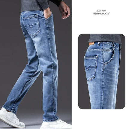 Autumn Men's Business Straight Fit Jeans Vintage Blue Smoke Gray Stretch Trousers Soft Comfortable Fabric Denim Pants Male PlatiNum