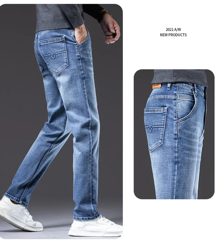 Autumn Men's Business Straight Fit Jeans Vintage Blue Smoke Gray Stretch Trousers Soft Comfortable Fabric Denim Pants Male PlatiNum