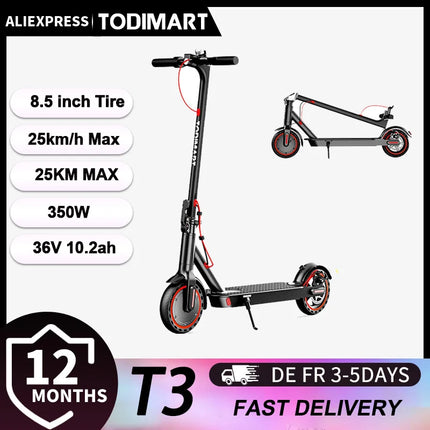 Monopattino Elettrico Pieghevole TODIMART T3 per Adulti con Supporto APP, Motore 350W/25KM/H, Batteria 36V 10.4Ah, Autonomia 35 km