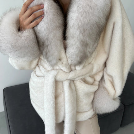 DFDG 2026 Women Hooded Faux Fur Coat Belted Waist Tie Big Fur Trim Collar Long Sleeve Outerwear Warm Luxury Overcoat Winter Fur