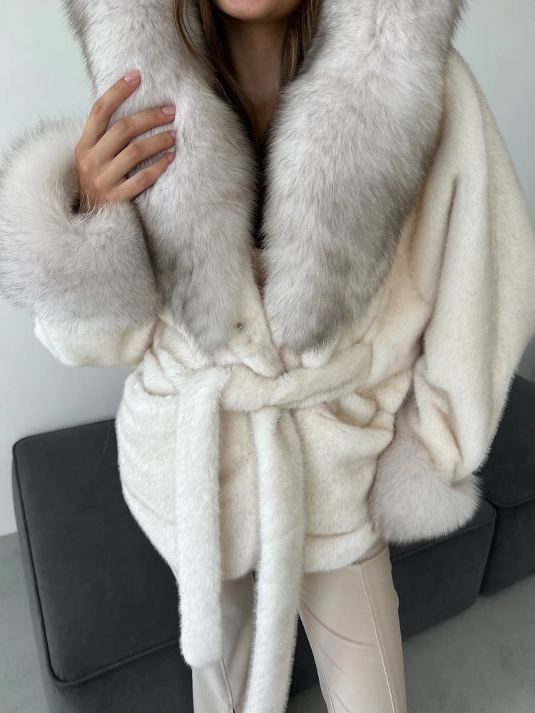 DFDG 2026 Women Hooded Faux Fur Coat Belted Waist Tie Big Fur Trim Collar Long Sleeve Outerwear Warm Luxury Overcoat Winter Fur