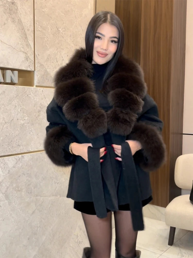 Solid Color Big Fur Collar Tied Woolen Jacket Fashion Waist Cinching Long Sleeved Short Coat 2026 Autumn Street Daily Clothing