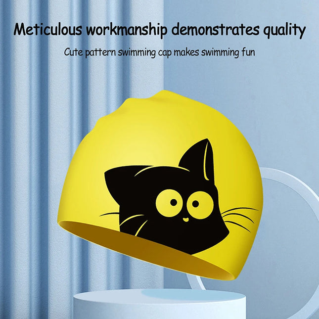 Cute Cat Swimming Cap for Long-haired Ears Protect Children Elastic Waterproof Silicone Pool Cap for Kids Bathing Cap Diving Hat
