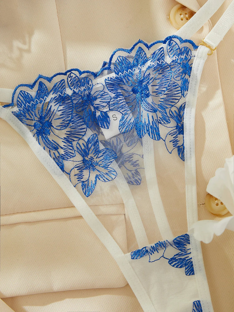 Floral Women's Lingeries Delicate Sets Bra Thong 2PC Elegant Lace Embroidery Intimate See Through Exotic Sets Tulle Underwear